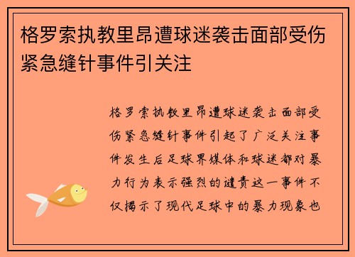 格罗索执教里昂遭球迷袭击面部受伤紧急缝针事件引关注
